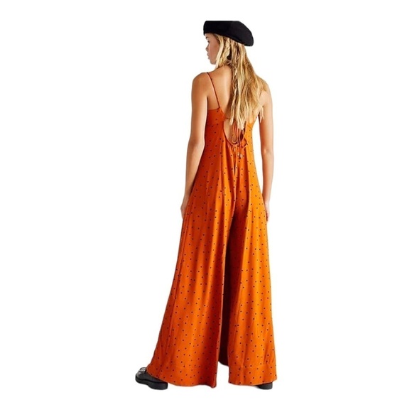 FREE PEOPLE Rust Orange Polka Dot Open Back Wide Leg Jumpsuit XS NEW - Picture 6 of 15